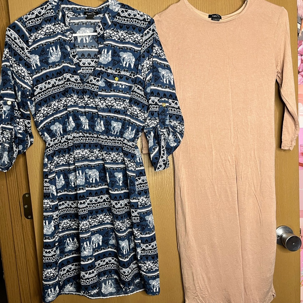 Blue Elephant Print Dress and Nude/Tan Long Sleeve Dress